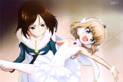 Rule 34 | &gt;:d, 10s, 2girls, :d, absurdres, armpits, ballerina, ballet, blonde hair, blue eyes, brown hair, covered navel, dress, fang, girls und panzer, highres, katyusha (girls und panzer), megami magazine, multiple girls, non-web source, nonna (girls und panzer), official art, open mouth, outstretched arm, pantyhose, short hair, smile, sugimoto isao, tile floor, tiles, tutu, v-shaped eyebrows