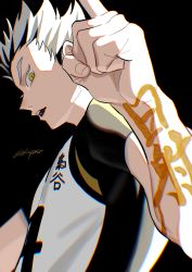 Rule 34 | 1boy, :d, absurdres, anaglyph, black background, body writing, bokuto koutarou, grey hair, haikyuu!!, highres, male focus, mix (wkupmix), multicolored hair, open mouth, profile, shaded face, short hair, short sleeves, simple background, smile, solo, sportswear, twitter username, two-tone hair, upper body, volleyball uniform, yellow eyes