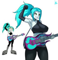 Rule 34 | 1girl, aqua hair, arm up, armpits, bare shoulders, black gloves, blue skin, boots, breasts, choker, colored skin, cowboy shot, danny phantom, derivative work, ear piercing, earrings, elbow gloves, ember mclain, gloves, green eyes, guitar, highres, holding, holding instrument, instrument, jewelry, jmg, large breasts, midriff, parted lips, piercing, platform boots, platform footwear, ponytail, reference work, sidelocks, signature, simple background, single glove, smile, solo, white background