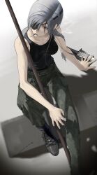 Rule 34 | 1girl, 2 blankk, black footwear, black tank top, camouflage, camouflage pants, chainsaw man, cigarette, grey background, grey hair, highres, holding, holding staff, knife, long hair, looking at viewer, looking up, pants, ponytail, quanxi (chainsaw man), simple background, smoke, smoking, solo, staff, tank top