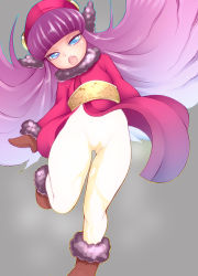 Rule 34 | 1girl, ankle boots, blue eyes, blunt bangs, boots, brown footwear, cameltoe, cleft of venus, fangs, fur boots, fur trim, grey background, hat, highres, leg up, long hair, long sleeves, megami tensei, mittens, muu shuwuu, noise (lesion949), open mouth, outline, pantyhose, pee, peeing, peeing self, purple hair, robe, robe lift, sash, simple background, snow boots, solo, steam, very long hair, wet, wet clothes, white pantyhose, wind, wind lift