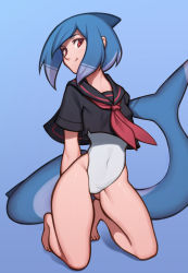 Rule 34 | 1girl, bare legs, barefoot, black sailor collar, black shirt, blue background, borrowed character, covered navel, fellming, fins, fish tail, highres, looking at viewer, mako (azuumori), neckerchief, one-piece swimsuit, original, red eyes, red neckerchief, sailor collar, shadow, shark fin, shark girl, shark tail, shirt, short sleeves, simple background, smile, solo, swimsuit, swimsuit under clothes, tail, white one-piece swimsuit