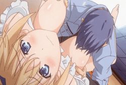 Rule 34 | 1boy, animated, animated gif, apron, blonde hair, breast sucking, breasts, censored, elcia harvence, fujimori kaname, kitchen, koikishi purely kiss, lactation, large breasts, looking at viewer, lowres, naked apron, nipples, sex, talking
