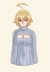 Rule 34 | 1girl, ahoge, bad id, bad pixiv id, blazblue, blonde hair, breasts, cleavage, cleavage cutout, clothing cutout, es (xblaze), highres, large breasts, meme attire, no legs, open-chest sweater, red eyes, ribbed sweater, sara souju (warabi mochi), short hair, solo, sweater, turtleneck, upper body, xblaze, xblaze code: embryo