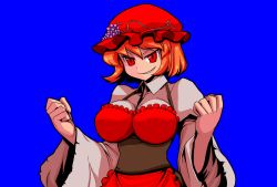 Rule 34 | 1girl, aki minoriko, alternate hair color, bad id, bad pixiv id, blue background, breasts, clenched hands, evil, evil smile, food, fruit, grapes, grin, hat, large breasts, long sleeves, mono (moiky), orange hair, red eyes, short hair, slit pupils, smile, smirk, sneer, solo, touhou, wide sleeves