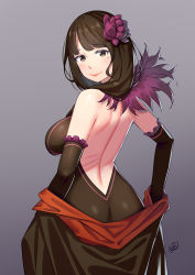 Rule 34 | 1girl, absurdres, ass, black gloves, blush, breasts, brown eyes, brown hair, closed mouth, elbow gloves, elsa granhilte, flower, from behind, gloves, grey background, hair flower, hair ornament, highres, large breasts, long hair, looking at viewer, looking back, mole, mole under eye, re:zero kara hajimeru isekai seikatsu, shiny clothes, shiny skin, shoulder blades, simple background, solo, standing, upper body, xiaoxi0619