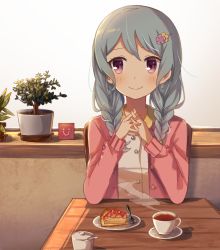 Rule 34 | 1girl, alternate hairstyle, bad id, bad pixiv id, bang dream!, blue hair, blush, bonachiyama, braid, cake, cardigan, cup, elbows on table, flower, food, fork, hair flower, hair ornament, highres, interlocked fingers, long hair, long sleeves, matsubara kanon, own hands together, pink cardigan, plant, plate, potted plant, pov across table, purple eyes, saucer, shirt, sideways glance, sitting, smile, smiley face, solo, strawberry shortcake, sugar bowl, table, teacup, twin braids, white shirt