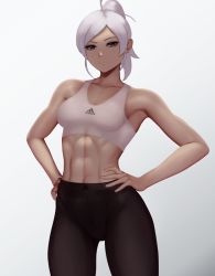 Rule 34 | 1girl, abs, absurdres, adidas, bare shoulders, black pants, breasts, closed mouth, collarbone, cowboy shot, crop top, hands on own hips, high-waist pants, highres, looking at viewer, medium hair, melty blood, midriff, navel, pants, ponytail, purple eyes, riesbyfe stridberg, serious, shirt, skin tight, sleeveless, sleeveless shirt, small breasts, solo, tank top, taut clothes, tight clothes, tight pants, tsukihime, white background, white hair, white tank top, zaki (zaki btw)