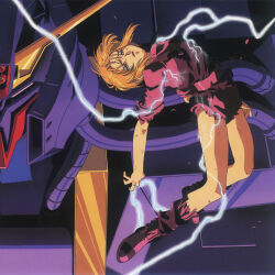 Rule 34 | 1990s (style), 1girl, beam cannon, blue eyes, boots, commentary, cover, damaged, debris, dirty, dvd cover, electricity, electrocution, elpeo puru, english commentary, gundam, gundam zz, highres, injury, key visual, kitazume hiroyuki, looking at viewer, machinery, magazine scan, mecha, mobile armor, mobile suit, muzzle, official art, orange hair, pain, production art, promotional art, psyco gundam mk ii, retro artstyle, robot, scan, science fiction, shorts, torn clothes, traditional media, upper body, zero gravity