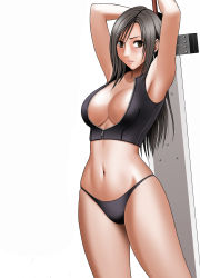 Rule 34 | 1990s (style), 1girl, absurdres, armpits, arms up, black hair, black panties, breasts, brown eyes, buster sword, cleavage, cowboy shot, crimson comics, earrings, female focus, final fantasy, final fantasy vii, highres, holding, holding sword, holding weapon, jewelry, large breasts, long hair, midriff, panties, retro artstyle, simple background, solo, standing, stomach, sword, tifa lockhart, underwear, vest, weapon, white background