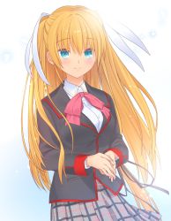 Rule 34 | 1girl, blonde hair, blue eyes, bow, cowboy shot, gradient background, little busters!, long hair, looking at viewer, own hands together, pink bow, pink neckwear, plaid, plaid skirt, pleated skirt, satomi yoshitaka, school uniform, skirt, smile, solo, tokido saya, twintails, white background
