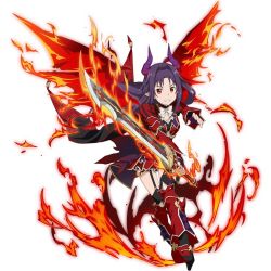 Rule 34 | 1girl, ahoge, black thighhighs, bow, bowtie, cape, choker, collarbone, fiery wings, fingerless gloves, fire, floating hair, full body, garter straps, gloves, grin, high heels, holding, holding sword, holding weapon, horns, leaning forward, leg up, long hair, looking at viewer, miniskirt, pleated skirt, pointy ears, purple gloves, purple hair, red eyes, red skirt, red wings, simple background, skirt, smile, solo, standing, sword, sword art online, sword art online: code register, thighhighs, weapon, white background, white bow, white bowtie, wings, yuuki (sao)