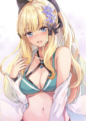 Rule 34 | 1girl, bare shoulders, bikini, black bikini, black bow, blonde hair, blouse, blue eyes, blush, bow, breasts, cleavage, collarbone, elf, green bikini, hair bow, highres, konka, large breasts, layered bikini, long hair, long sleeves, looking at viewer, navel, open clothes, open mouth, open shirt, pointy ears, ponytail, princess connect!, saren (princess connect!), saren (summer) (princess connect!), shirt, sidelocks, solo, swimsuit, white shirt
