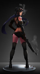Rule 34 | 1girl, absurdres, arm warmers, armband, ass, back tattoo, bare shoulders, belt, black eyes, black hair, black pantyhose, boots, breasts, cigarette, crop top, elbow gloves, from behind, full body, gloves, goggles, goggles on head, gradient background, gun, hand on own hip, high heels, highres, ibee, large breasts, pantyhose under shorts, looking at viewer, looking back, midriff, original, pantyhose, pink thighhighs, rifle, scarf, shell casing, shorts, shotgun, smoke, smoking, smoking gun, solo, standing, strap, tank top, tattoo, thighhighs, thighhighs over pantyhose, tramp stamp, weapon