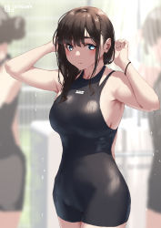 Rule 34 | 3girls, black one-piece swimsuit, blue eyes, blurry, blurry background, breasts, brown hair, closed mouth, commentary request, hands up, jonsun, large breasts, looking at viewer, medium hair, mole, mole under eye, multiple girls, one-piece swimsuit, original, swimsuit, tamami (jonsun), twitter username, wet