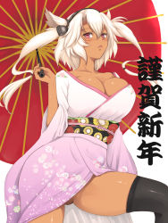 Rule 34 | 10s, 1girl, albino, alternate costume, black legwear, blush, breasts, cleavage, collarbone, dark-skinned female, dark skin, female focus, floral print, glasses, gluteal fold, hair between eyes, hair ornament, hair tubes, hairband, happy new year, holding, holding umbrella, japanese clothes, kantai collection, kimono, large breasts, legs, long hair, looking at viewer, musashi (kancolle), new year, niwatori kokezou, no panties, obi, oil-paper umbrella, parted lips, print kimono, red eyes, sash, simple background, solo, text focus, translation request, two side up, umbrella, upskirt, white background, white hair