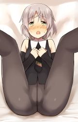 Rule 34 | 1girl, :o, bad id, bad pixiv id, black pantyhose, blush, crotch seam, folded, glastonbury1966, green eyes, highres, knees to chest, lying, military, military uniform, necktie, on back, pantyhose, sanya v. litvyak, short hair, silver hair, solo, spread legs, strike witches, sweat, uniform, world witches series