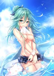 Rule 34 | 1girl, alternate costume, aqua eyes, aqua hair, blouse, blush, breasts, clothes in mouth, clothes lift, day, dress, hair between eyes, hair bun, hair flaps, hair ornament, hairclip, highres, jiang xin, kantai collection, lifted by self, long hair, looking at viewer, medium breasts, microskirt, miniskirt, mouth hold, no bra, outdoors, sailor dress, shirt, shirt in mouth, shirt lift, single hair bun, skirt, sleeveless, sleeveless shirt, smile, solo, thighs, underboob, water, water drop, wrist cuffs, yamakaze (kancolle)