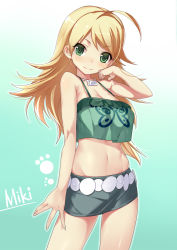 Rule 34 | 1girl, ahoge, blonde hair, breasts, character name, cleavage, green eyes, highres, hoshii miki, idolmaster, idolmaster (classic), long hair, looking at viewer, maitake (loose), md5 mismatch, midriff, navel, resolution mismatch, shorts, smile, solo, source smaller, stomach