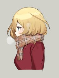 Rule 34 | 1girl, blonde hair, blue eyes, breath, brown scarf, coat, commentary, cropped torso, enpera, fringe trim, from side, girls und panzer, grey background, looking to the side, medium hair, messy hair, oshida (girls und panzer), plaid, plaid scarf, portrait, red coat, scarf, simple background, solo, tan (inka), winter clothes
