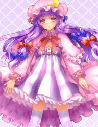 Rule 34 | 1girl, bad id, bad pixiv id, breasts, capelet, cleavage, coat, crescent, dress, hair ribbon, hat, highres, long hair, long sleeves, looking at viewer, mob cap, open clothes, open coat, over-kneehighs, patchouli knowledge, purple eyes, purple hair, ribbon, solo, striped clothes, striped dress, thighhighs, touhou, tress ribbon, tsukiriran, very long hair, white thighhighs, zettai ryouiki