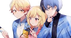 Rule 34 | 1girl, 2boys, aoyagi touya, black sweater, blonde hair, blouse, blue hair, blue jacket, braid, brother and sister, commentary, crescent, crescent necklace, earrings, gradient hair, jacket, jacket on shoulders, jewelry, looking at viewer, multicolored hair, multiple boys, necklace, pendant, pink hair, pink shirt, pointing, project sekai, shimada71 72, shirt, siblings, split-color hair, sweater, tassel, tassel earrings, tenma saki, tenma tsukasa, turtleneck, turtleneck sweater, twin braids, wing collar