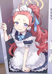 Rule 34 | 1girl, apron, black dress, blue archive, blush, bow, dress, forehead, frilled apron, frilled dress, frills, hair bow, halo, highres, in locker, long hair, looking at viewer, maid, maid apron, maid headdress, ningmeng yanshui, official alternate costume, open mouth, puffy short sleeves, puffy sleeves, purple eyes, red hair, short sleeves, solo, white apron, yellow halo, yuzu (blue archive), yuzu (maid) (blue archive)