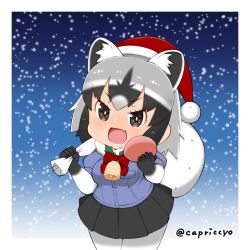 Rule 34 | &gt;:d, 10s, 1girl, :d, animal ears, bell, black hair, black skirt, blue shirt, blush, border, bow, bowtie, breasts, bright pupils, brown eyes, capriccyo, christmas, common raccoon (kemono friends), cowboy shot, elbow gloves, eyebrows, eyelashes, fang, food, fur collar, gloves, hair between eyes, hat, holding, holding sack, japari bun, kemono friends, leaf, legs together, medium breasts, miniskirt, multicolored clothes, multicolored gloves, multicolored hair, open mouth, over shoulder, pantyhose, pleated skirt, puffy short sleeves, puffy sleeves, raccoon ears, red bow, red bowtie, sack, santa hat, shirt, short hair, short sleeves, skirt, smile, snow, snowing, solo, standing, tongue, tsurime, twitter username, v-shaped eyebrows, white border, white hair, white pantyhose, white pupils