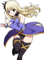 Rule 34 | 1girl, blonde hair, brown eyes, fairy tail, hair ornament, holding, key, long hair, lucy heartfilia, smile, solo, tattoo, thighhighs, transparent background