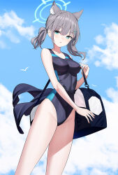 Rule 34 | 1girl, animal ear fluff, animal ears, bag, bare shoulders, blue archive, blue eyes, blue one-piece swimsuit, blue sky, blush, breasts, collarbone, covered navel, cross hair ornament, duffel bag, extra ears, grey hair, hair ornament, halo, highleg, highleg swimsuit, highres, looking at viewer, medium breasts, medium hair, multicolored clothes, multicolored swimsuit, one-piece swimsuit, open mouth, ririko (zhuoyandesailaer), shiroko (blue archive), shiroko (swimsuit) (blue archive), sidelocks, sky, solo, swimsuit, thighs, wolf ears