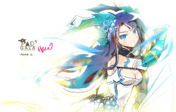 Rule 34 | 1girl, :d, blue eyes, breasts, china dress, chinese clothes, cleavage, dragon girl, dress, grin, hand fan, heco (mama), holding, holding sword, holding weapon, karin (p&amp;d), long hair, open mouth, puzzle &amp; dragons, simple background, sleeveless, sleeveless dress, smile, sword, teeth, upper body, weapon, white background, white dress