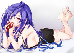 Rule 34 | amused, bare shoulders, blue hair, breasts, chocolate, cleavage, dress, feet, gown, iris heart, iwashi dorobou -r-, kami jigen game neptune v, large breasts, long hair, lying, neptune (series), on stomach, pink eyes, power symbol-shaped pupils, pururut, smile, solo, symbol-shaped pupils, thighs, toes, valentine, very long hair