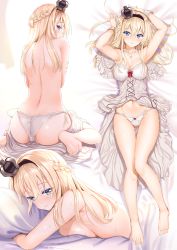 Rule 34 | 10s, 1girl, aldehyde, alternate costume, arms up, ass, barefoot, bed, bed sheet, blonde hair, blue eyes, blush, braid, breast press, breasts, camisole, cleavage, clothes pull, collarbone, colored eyelashes, covering privates, covering breasts, crown, cushion, dress pull, artistic error, eyes visible through hair, french braid, from behind, full body, gluteal fold, hair between eyes, hairband, highres, kantai collection, large breasts, light smile, lingerie, lips, long hair, looking at viewer, looking back, lying, medium breasts, mini crown, multiple views, navel, nightgown, on back, on side, on stomach, panties, parted lips, pillow, sideboob, sitting, smile, soles, thighs, toes, topless, underwear, underwear only, warspite (kancolle), white panties, wrist cuffs, wrong foot