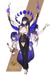 Rule 34 | 1girl, armpits, arms up, black hair, black skirt, blue eyes, blue fire, blue hair, bracer, breast curtains, breasts, closed eyes, colored inner hair, dagger, fate/grand order, fate (series), fire, full body, hair intakes, hair ornament, hecate (mythology), high-waist skirt, high heels, highres, jewelry, knife, large breasts, long hair, monkey jon, multicolored hair, multiple views, open mouth, original, skirt, smile, weapon