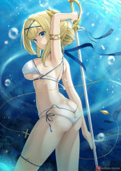Rule 34 | 1girl, arm behind head, armlet, armpits, ass, azur lane, bare back, bikini, blonde hair, blue eyes, breasts, butt crack, cleavage, commentary request, from behind, hair between eyes, hairband, head tilt, highres, holding, holding sword, holding weapon, jeanne d&#039;arc (azur lane), jeanne d&#039;arc (saintess of the sea) (azur lane), joko jmc, large breasts, long hair, looking at viewer, looking back, midriff, official alternate costume, saber (weapon), side-tie bikini bottom, sidelocks, smile, solo, swimsuit, sword, underwater, weapon, whale tail (clothing), white bikini