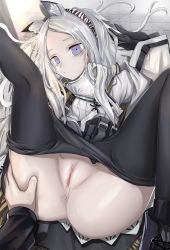 Rule 34 | 1girl, animal ear fluff, animal ears, anus, arknights, black gloves, black pantyhose, blue eyes, censored, cleft of venus, closed mouth, clothes pull, coat, gloves, hairband, heavyrain (arknights), highres, long hair, long sleeves, looking at viewer, lying, messy hair, nopetroto, on back, pantyhose, pantyhose pull, parted bangs, pussy, pussy juice, sidelocks, solo focus, spread legs, thighs, white coat, white hair, wide sleeves, zebra ears