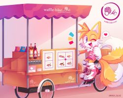 Rule 34 | 1boy, animal ears, animal nose, apron, arm up, artist name, bag, bicycle, blue eyes, body fur, bottle, child, cross-laced footwear, english text, fang, food stand, fox boy, fox ears, fox tail, furry, furry male, gloves, hand up, happy, heart, highres, jpeg artifacts, looking at viewer, male focus, menu, multiple tails, nabii blue, notice lines, one eye closed, open mouth, outstretched arm, pink apron, red footwear, shoes, signature, smile, sneakers, solo, sonic (series), speech bubble, spoken heart, tail, tails (sonic), teeth, thumbs up, twitter username, two-tone fur, two tails, watermark, web address, white fur, white gloves, wink, yellow fur