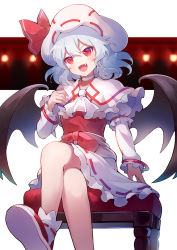Rule 34 | 1girl, 60mai, alternate color, arm support, ascot, bat wings, blue hair, blush, bow, capelet, chair, choker, commentary, couch, crossed legs, curiosities of lotus asia, dress, easy chair, fang, foot out of frame, frilled capelet, frilled dress, frilled sleeves, frills, hand up, hat, hat ribbon, layered sleeves, long sleeves, mob cap, open mouth, puffy short sleeves, puffy sleeves, red bow, red eyes, red ribbon, red sash, remilia scarlet, ribbon, ribbon-trimmed footwear, ribbon-trimmed headwear, ribbon trim, sash, short hair, short over long sleeves, short sleeves, sitting, smile, solo, touhou, v-shaped eyebrows, white ascot, white capelet, white choker, white dress, wings