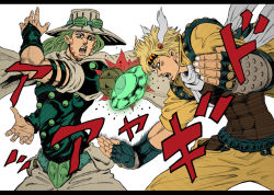 Rule 34 | 2boys, blonde hair, blue eyes, bridal gauntlets, bubble, caesar anthonio zeppeli, collective-mind, facial mark, fighting, fingerless gloves, gloves, green hair, gyro zeppeli, hat, jacket, jojo no kimyou na bouken, multiple boys, name connection, scarf, steel ball run, time paradox, yellow jacket
