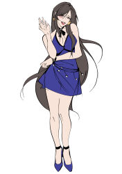 1girl absurdres arm_under_breasts black_hair breasts cleavage commentary crescent crescent_earrings dress earrings final_fantasy final_fantasy_vii final_fantasy_vii_remake full_body halter_dress halterneck hand_up high_heels highres jewelry long_hair mianmian741 open_mouth purple_dress purple_footwear red_eyes red_lips simple_background solo tifa_lockhart tifa_lockhart_(refined_dress) very_long_hair waving white_background