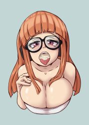Rule 34 | 1girl, alternate breast size, breasts, cleavage, cum, cum in mouth, glasses, highres, large breasts, persona, persona 5, sakura futaba, solo