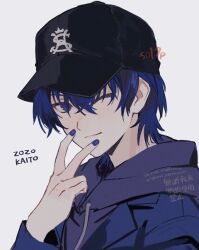Rule 34 | 1boy, artist name, baseball cap, black hat, blue eyes, blue hair, blue hoodie, blue jacket, blue nails, character name, closed mouth, commentary, fingernails, grey background, hand up, hat, highres, hood, hood down, hoodie, jacket, jacket over hoodie, kaito (vocaloid), lapels, long sleeves, looking at viewer, male focus, notched lapels, one eye closed, project sekai, short hair, simple background, solo, sorase (so17p), upper body, v, vocaloid, zozotown