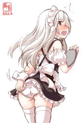 Rule 34 | 1girl, ^^^, alternate costume, apron, artist logo, ass, black dress, blouse, commentary request, dated, dress, enmaided, frilled apron, frilled dress, frilled shirt, frills, from behind, highres, kanon (kurogane knights), kantai collection, kikuzuki (kancolle), leaning forward, long hair, maid, maid headdress, orange eyes, panties, shirt, simple background, solo, standing, thighhighs, tray, underwear, waist apron, wedgie, white apron, white background, white hair, white panties, white shirt, white thighhighs