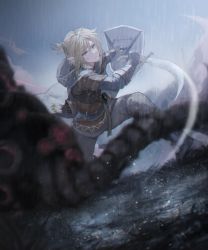 Rule 34 | 1boy, arrow (projectile), blonde hair, blue eyes, blurry, blurry foreground, gloves, guardian (zelda), hair between eyes, highres, holding, holding shield, holding weapon, hood, hood down, link, mada (shizhou), male focus, nintendo, outdoors, pants, parted lips, pointy ears, ponytail, quiver, rain, scimitar, shield, short ponytail, sky, sword, the legend of zelda, the legend of zelda: breath of the wild, weapon