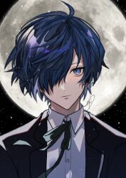 Rule 34 | 1boy, a d chi, black jacket, black ribbon, blue eyes, blue hair, closed mouth, collared shirt, dark blue hair, full moon, hair over one eye, highres, jacket, light particles, looking at viewer, male focus, moon, neck ribbon, night, night sky, open clothes, open jacket, outdoors, persona, persona 3, ribbon, shirt, signature, sky, solo, upper body, white shirt, yuuki makoto (persona 3)
