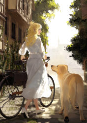 Rule 34 | 1girl, absurdres, audrey hall, bicycle, blonde hair, building, chinese commentary, clear sky, closed mouth, cobblestone, commentary request, dog, dress, earrings, golden retriever, highres, jewelry, lips, looking at another, looking at viewer, looking back, lord of the mysteries, plant, road, shadow, sky, smile, street, susie (lord of the mysteries), tree, vines, walking, white dress, white footwear, window, yinyoushirenmaotouying