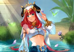 Rule 34 | 1girl, aqua eyes, biwa3333, blue sky, blush, breasts, building, clothing cutout, crop top, crystalfly (genshin impact), falling petals, flower, genshin impact, gold trim, hand up, harem outfit, highres, horns, long sleeves, looking to the side, navel, nilou (genshin impact), parted lips, petals, puffy long sleeves, puffy sleeves, red hair, shrug (clothing), skirt, sky, small breasts, smile, solo, stomach, sunlight, upper body, veil, vision (genshin impact), water, white headwear
