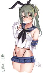 Rule 34 | 1girl, animal ears, bare shoulders, blue skirt, breasts, buttons, cosplay, cowboy shot, dark green hair, double-breasted, elbow gloves, fake animal ears, gloves, green hair, hair ribbon, hairband, highres, kantai collection, looking at viewer, midriff, navel, pleated skirt, ribbon, shimakaze (kancolle), shimakaze (kancolle) (cosplay), simple background, skirt, sleeveless, small breasts, solo, tf cafe, thong, twintails, twitter username, white background, white gloves, zuikaku (kancolle)