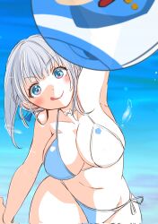 Rule 34 | 1girl, ball, beachball, blue eyes, blush, breasts, highres, laeticia aucerius, large breasts, looking at viewer, mayashtale, navel, short hair, smile, solo, star ocean, star ocean the divine force, swimsuit, water, white hair