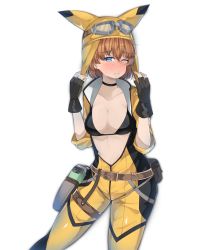 Rule 34 | 1girl, absurdres, belt, bikini, bikini top only, black gloves, blue eyes, blush, breasts, brown belt, brown eyes, brown hair, closed mouth, commentary, cowboy shot, fingerless gloves, freckles, frown, girls und panzer, gloves, goggles, goggles on headwear, highres, jumpsuit, kshimu, looking at viewer, medium breasts, open jumpsuit, pouch, short hair, simple background, solo, standing, swimsuit, thigh strap, tsuchiya (girls und panzer), white background, yellow headwear, yellow jumpsuit